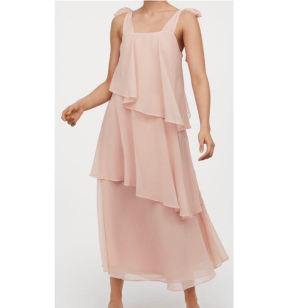 👗H&M Long Dress with Asymmetrical Tiers~Top Tie Shoulders~Size 12~Powder Pink👗